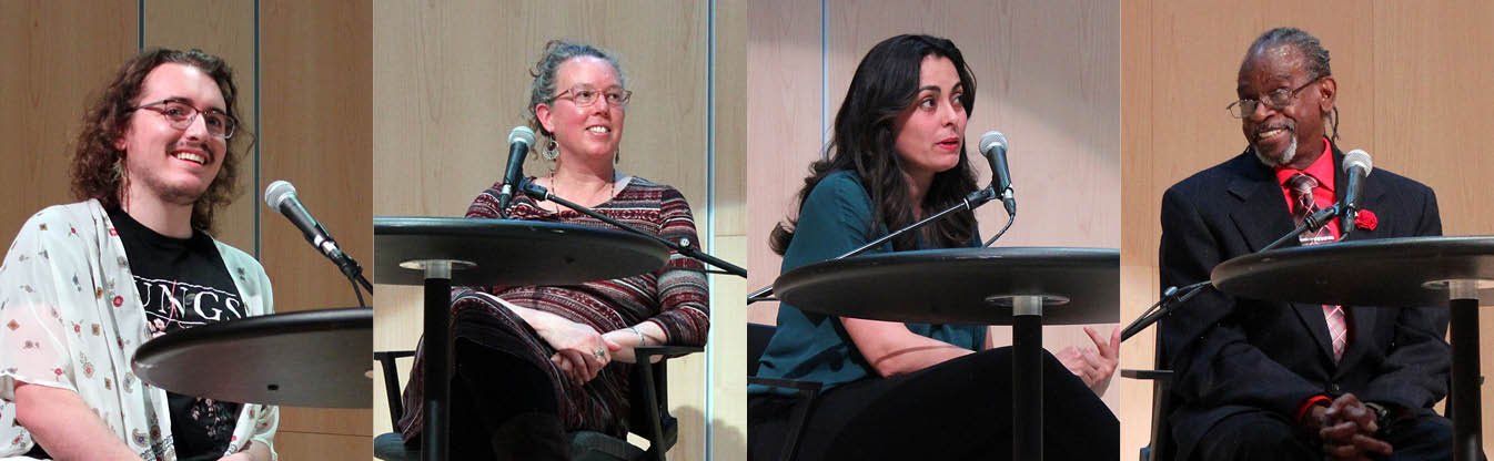 Four people speaking at a panel